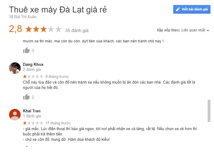 Bad feedback của khách hàng về dịch vụ thuê xe máy
